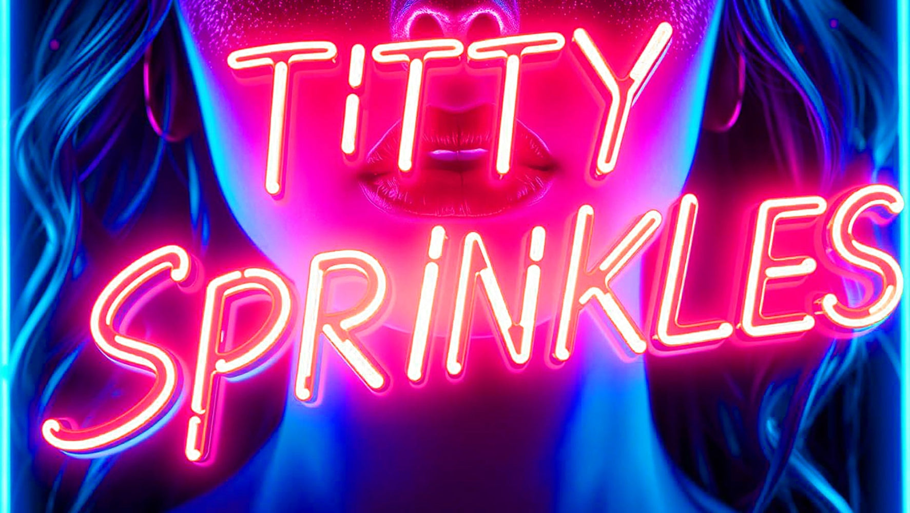Neon sign with the text 'Titty Sprinkles' in front of a person wearing a face mask.
