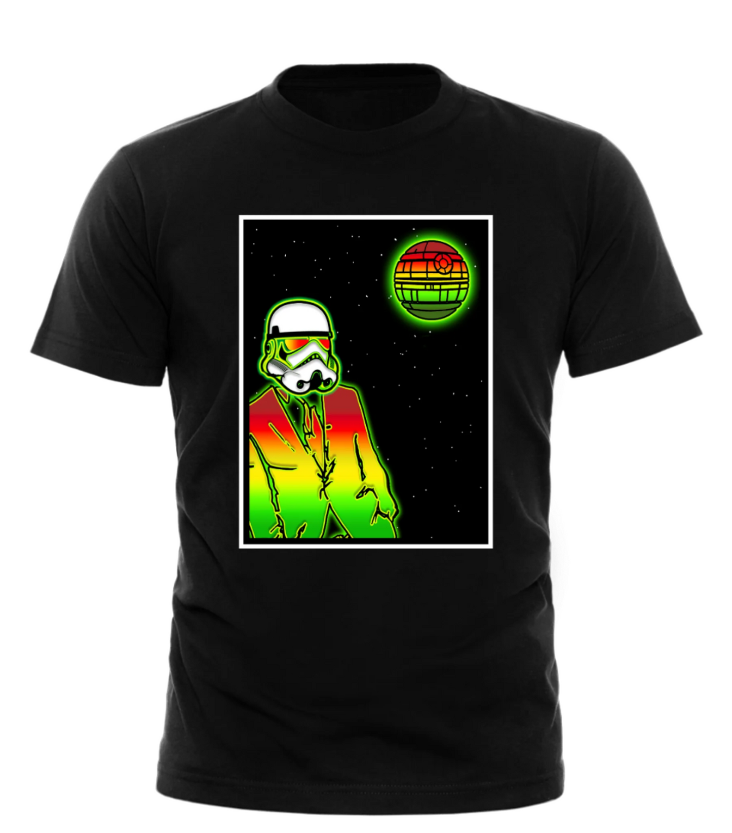 Black t-shirt with a colorful graphic of a stormtrooper and planet on a white background