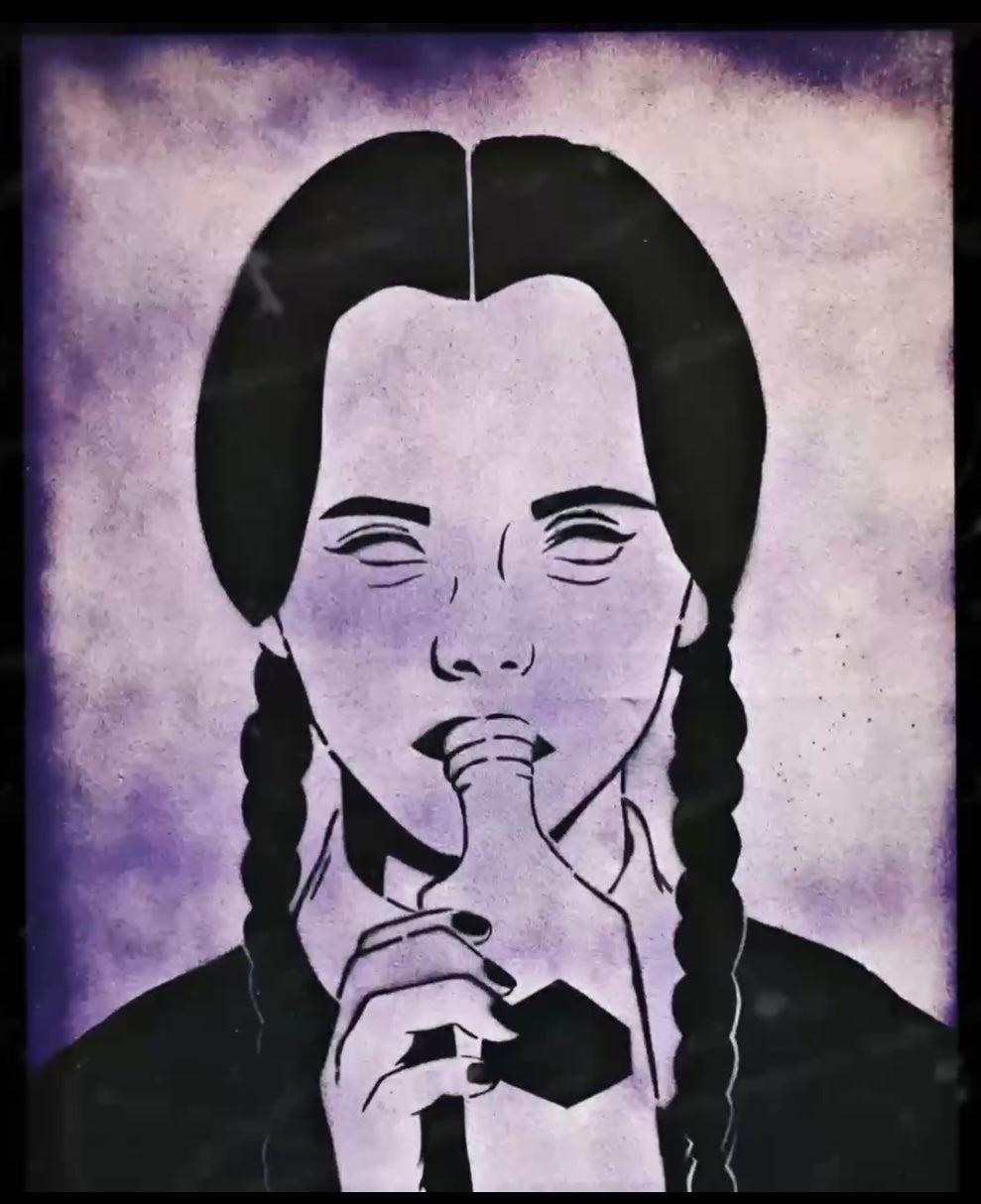 A stylized portrait of Wednesday Adams from the Addams Family, depicted with a spray paint effect on canvas.