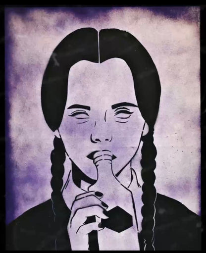 A stylized portrait of Wednesday Adams from the Addams Family, depicted with a spray paint effect on canvas.