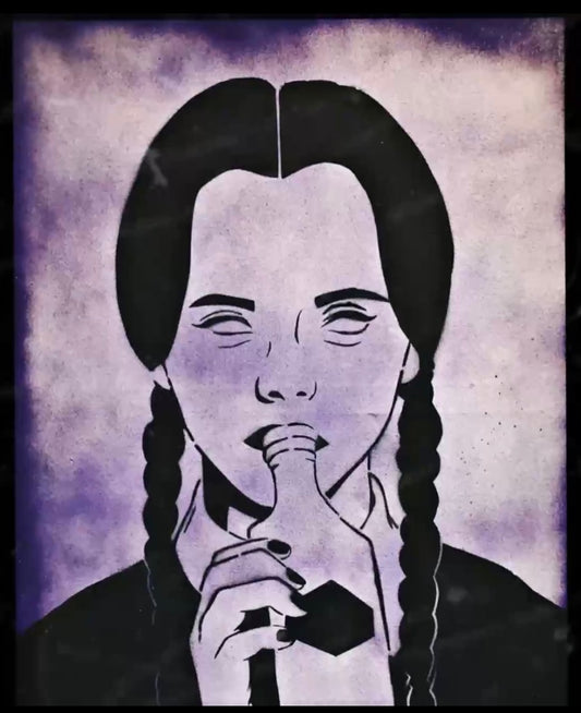 A stylized portrait of Wednesday Adams from the Addams Family, depicted with a spray paint effect on canvas.
